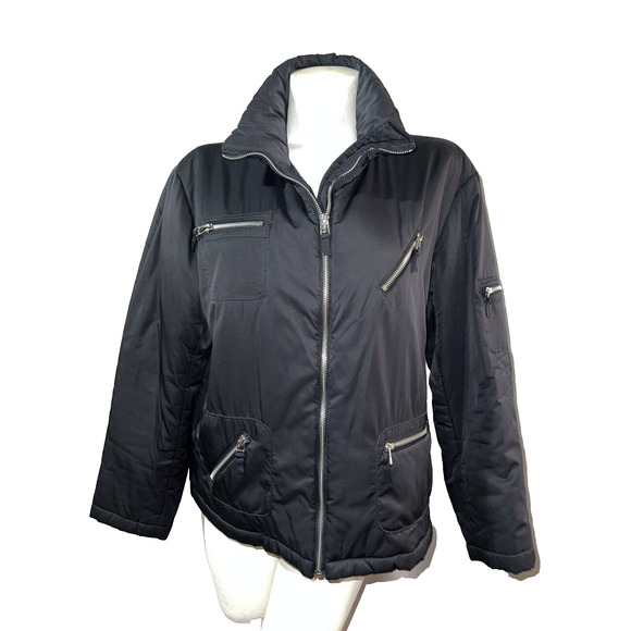 Chico's Jackets & Blazers - CHICO'S Jacket Size L (2) Black Polyester Puffer Zip Pocket Zippered Coat